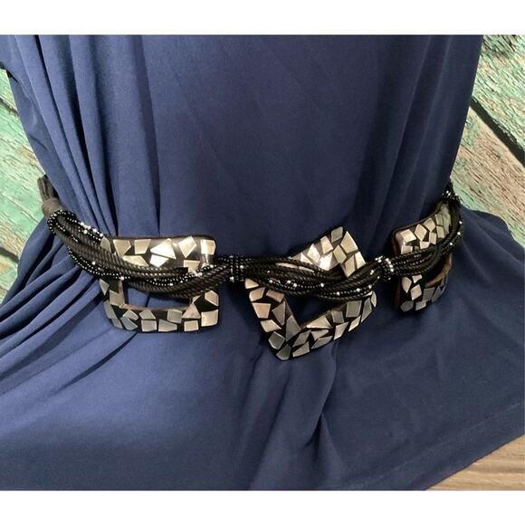 NEW Chico’s Boho Beaded Belt Size M/L Black Silver Acrylic & Leather Adjustable - Picture 13 of 14